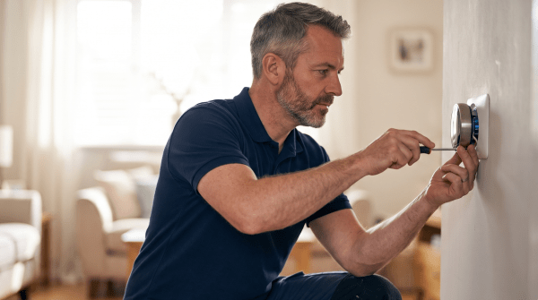 Smart home repair business owner repairing smart home technology