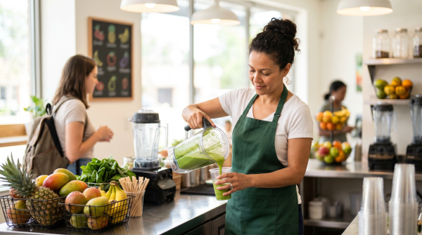 Smoothie and juice bar owner preparing fresh smoothies and healthy beverages for customers