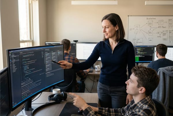 Software development agency business owner collaborating with a team of developers in an office