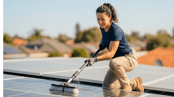 Solar panel cleaning technician washing rooftop panels on a home