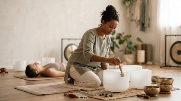 Sound bath practitioner arranging singing bowls before a session