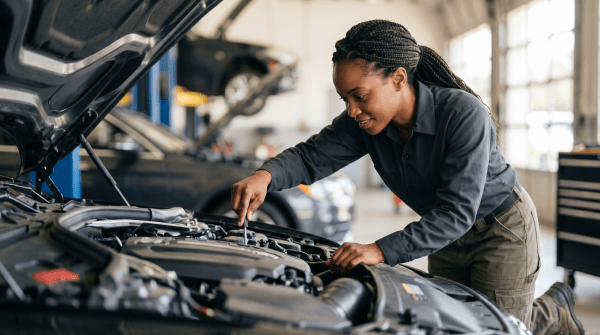 Specialty auto repair shop mechanic repairing a European vehicle at an automotive repair business