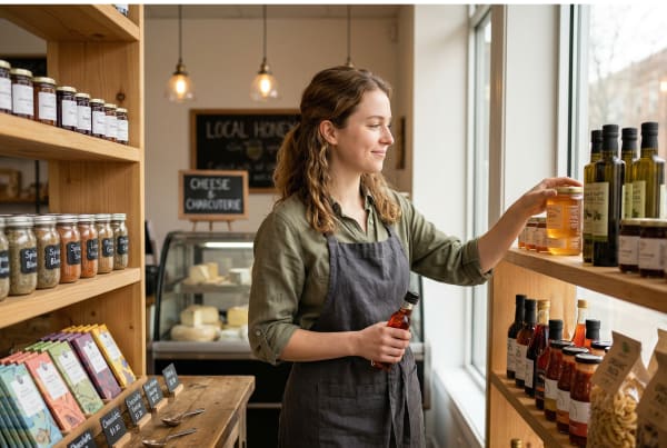 Specialty foods retailer restocking shelves inside store
