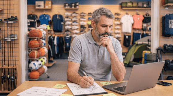Sporting goods store owner brainstorming business name ideas