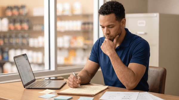 Sports nutrition store owner creating LLC name ideas for a supplement retail business