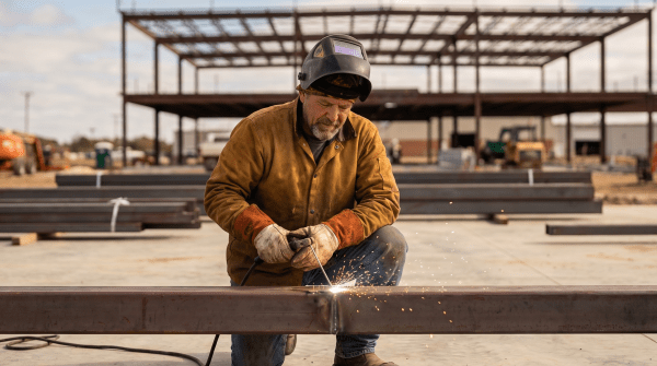 Steel building construction business owner constructing a steel building