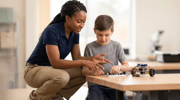STEM camp counselor leading children in a hands-on building project