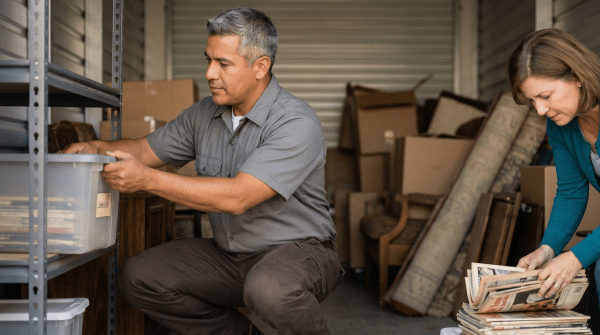 Storage unit organizing specialist arranging labeled boxes on shelves