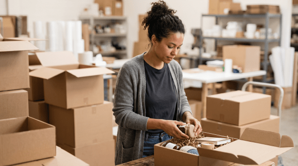 Subscription box business owner packing a subscription box