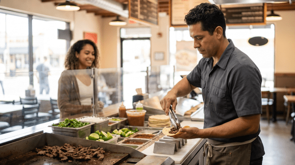 Taco shop owner making tacos