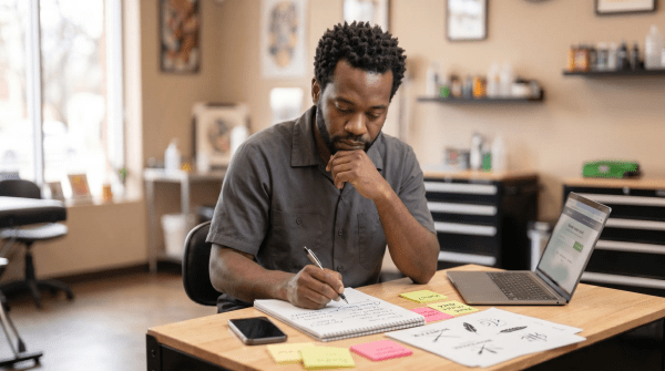 Tattoo studio owner reviewing LLC name ideas for a tattoo business
