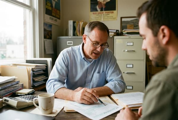 Tax preparation business owner meeting with a client to review returns and financial filings