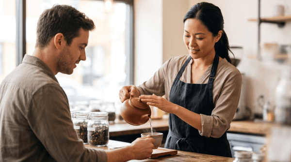 Tea shop owner serving tea at a tea shop