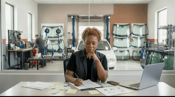 Technician naming a windshield repair business