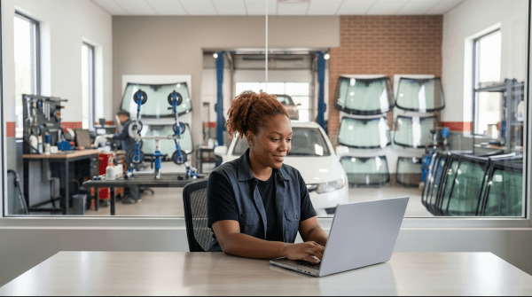 Technician registering a windshield repair business as an LLC from desk