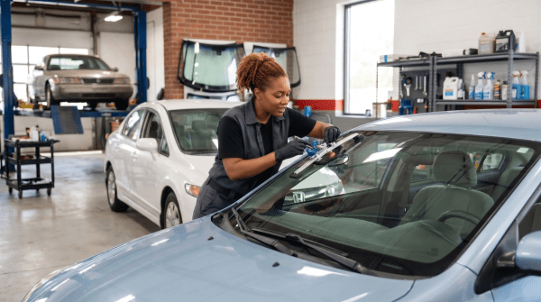 Windshield repair business owner providing a mobile repair service in the clients driveway