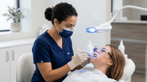Teeth whitening specialist performing a cosmetic teeth whitening treatment at a dental beauty business