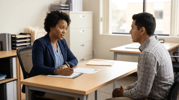 Temp agency business owner and team reviewing staffing placements and candidate profiles in an office