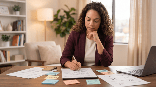 Therapist practice owner reviewing LLC business name ideas