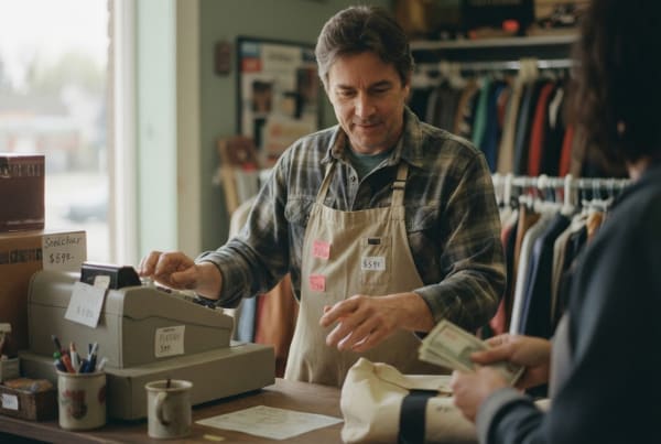 Thrift store owner checking out a customer purchasing secondhand items at the register