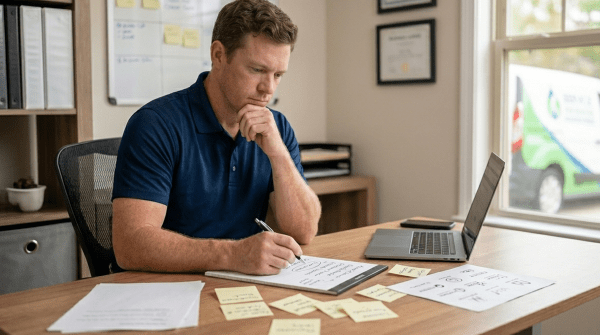 Tile and grout cleaning owner brainstorming business name ideas