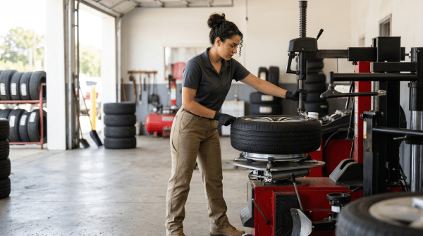 Tire shop owner working on tires at an automotive tire sales and repair business