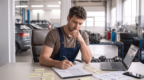 Transmission repair shop owner brainstorming business name ideas