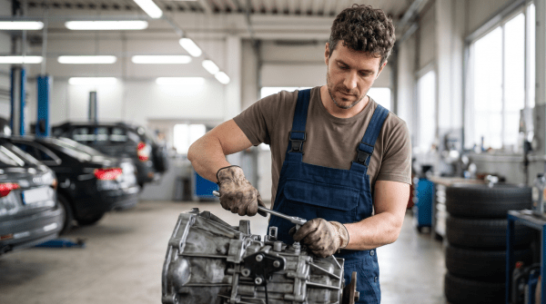 Transmission repair technician rebuilding a vehicle transmission in a shop