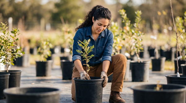 Tree nursery owner caring for saplings at a commercial tree nursery and landscaping business