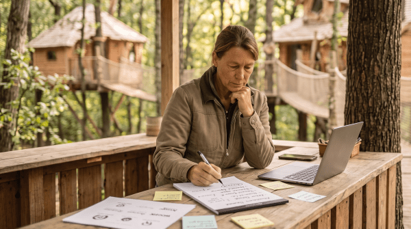 Treehouse resort owner brainstorming business name ideas