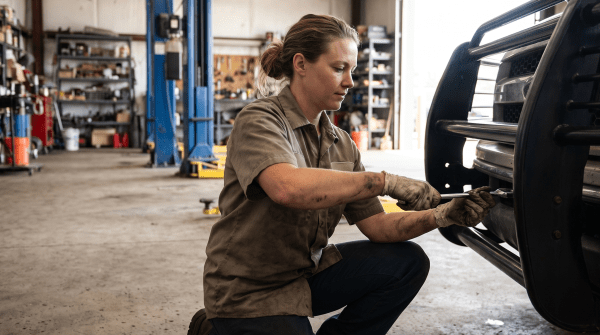 Truck accessories shop owner arranging aftermarket parts in a retail showroom