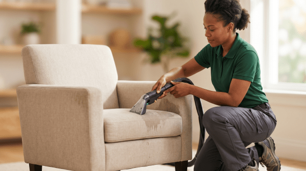 Upholstery cleaning specialist cleaning furniture for a residential cleaning and restoration business
