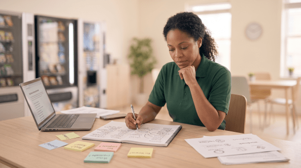 Vending machine business owner generating business name ideas for a startup