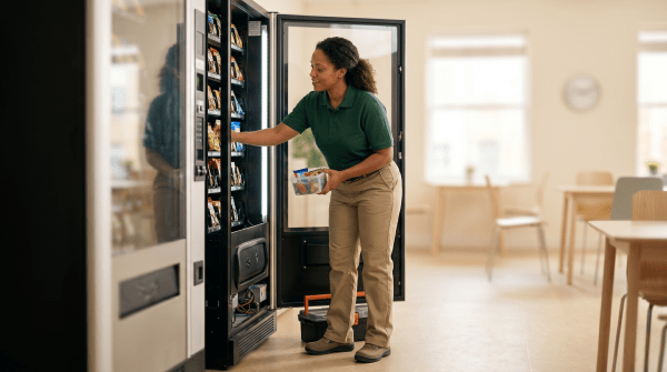 Vending machine route business owner restocking and servicing machines on a regular route