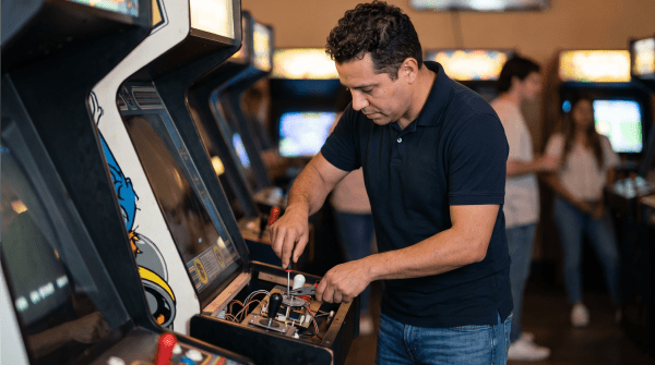 Video game arcade owner running a video game arcade