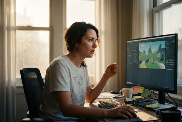 Video game designer business owner working on game development and design on a computer