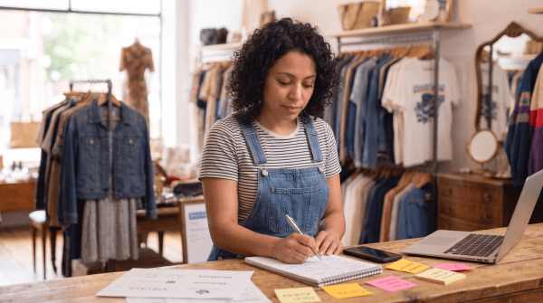 Vintage clothing store owner brainstorming business name ideas