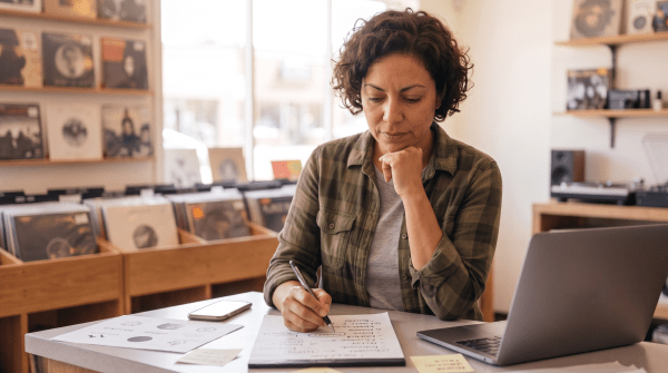 Vinyl record store owner brainstorming business name ideas