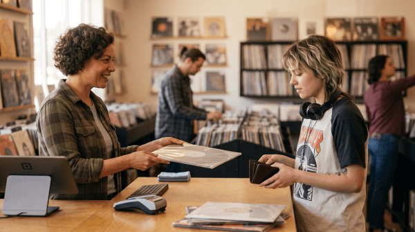 Vinyl record store owner running a vinyl record store
