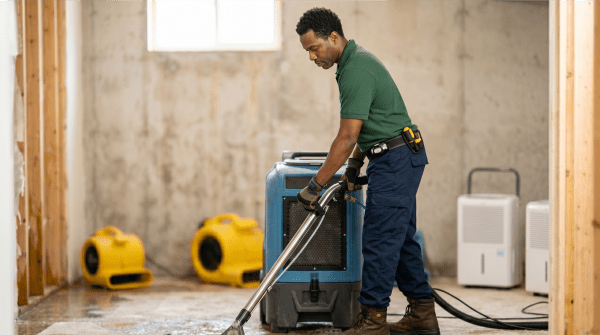 Water damage restoration specialist restoring a water-damaged home for a disaster recovery business
