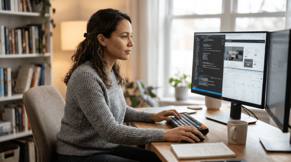Website flipping business owner analyzing and improving a website for resale on a computer