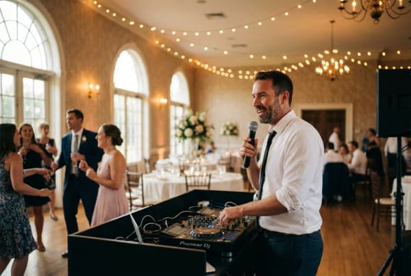 Wedding and event DJ setting up equipment and mixing music for a live celebration