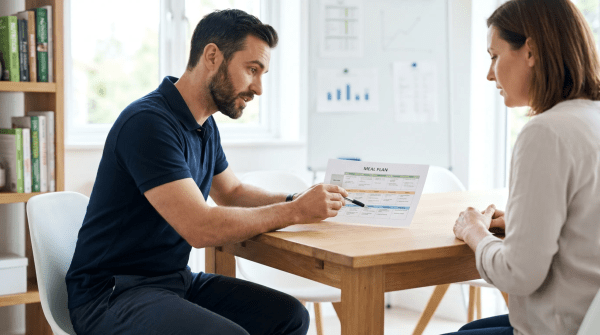 Weight loss coaching business owner coaching a client on weight loss