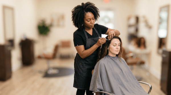 Wig salon owner styling a wig on a display stand