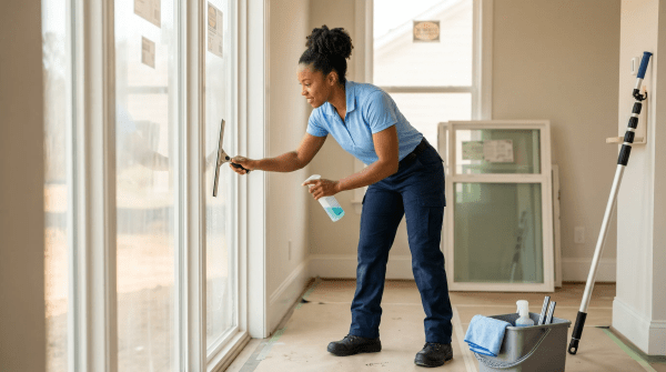 Window cleaning professional cleaning large windows at a post-construction job site