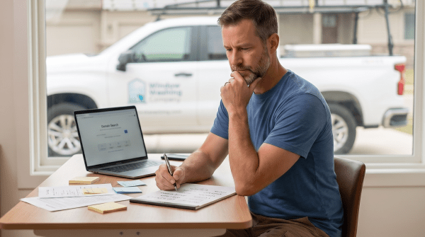 Window washing service owner brainstorming business name ideas