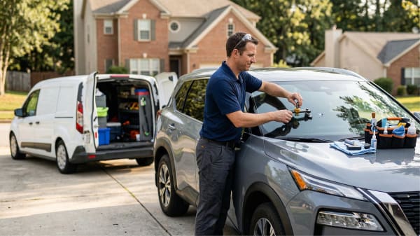 Windshield repair business owner providing a mobile repair service in the clients driveway