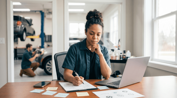 Woman business owner naming an auto detailing service