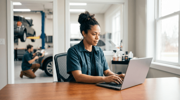 Woman business owner registering an auto detailing business as an LLC from desk