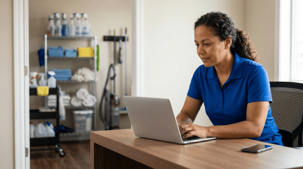 Cleaning service business owner reviewing paperwork while forming an LLC